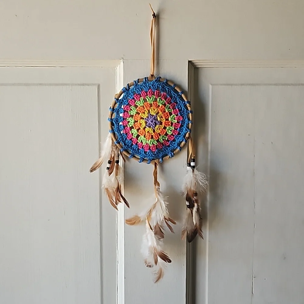 Hand Crafted crochet dreamcatcher multicolored floral eclectic textile decor
